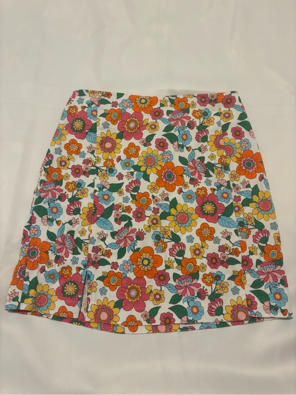 Floral A-Line Mini Skirt in White with Multicolor Flowers